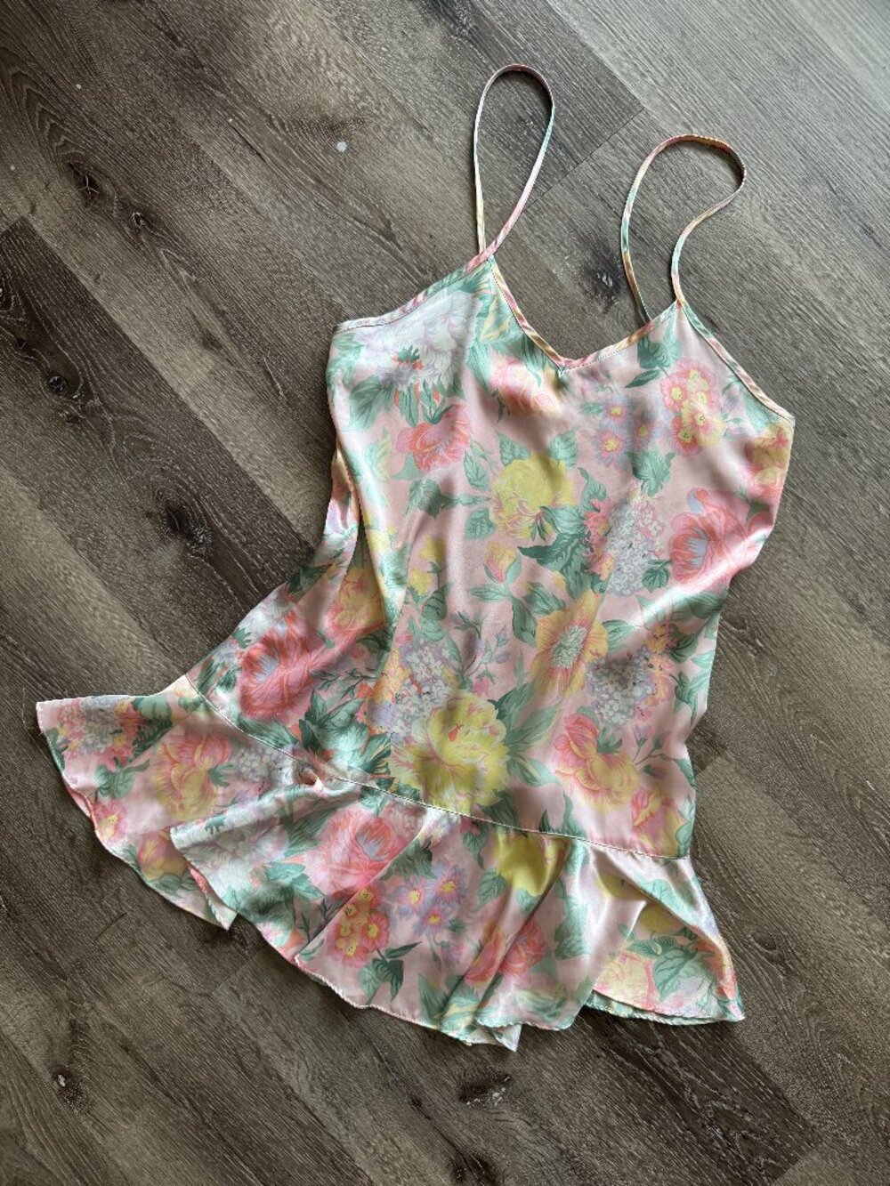 Vintage 1980s Potpourri Pastel Floral Satin Slip Dress | Frill Hem Lingerie L